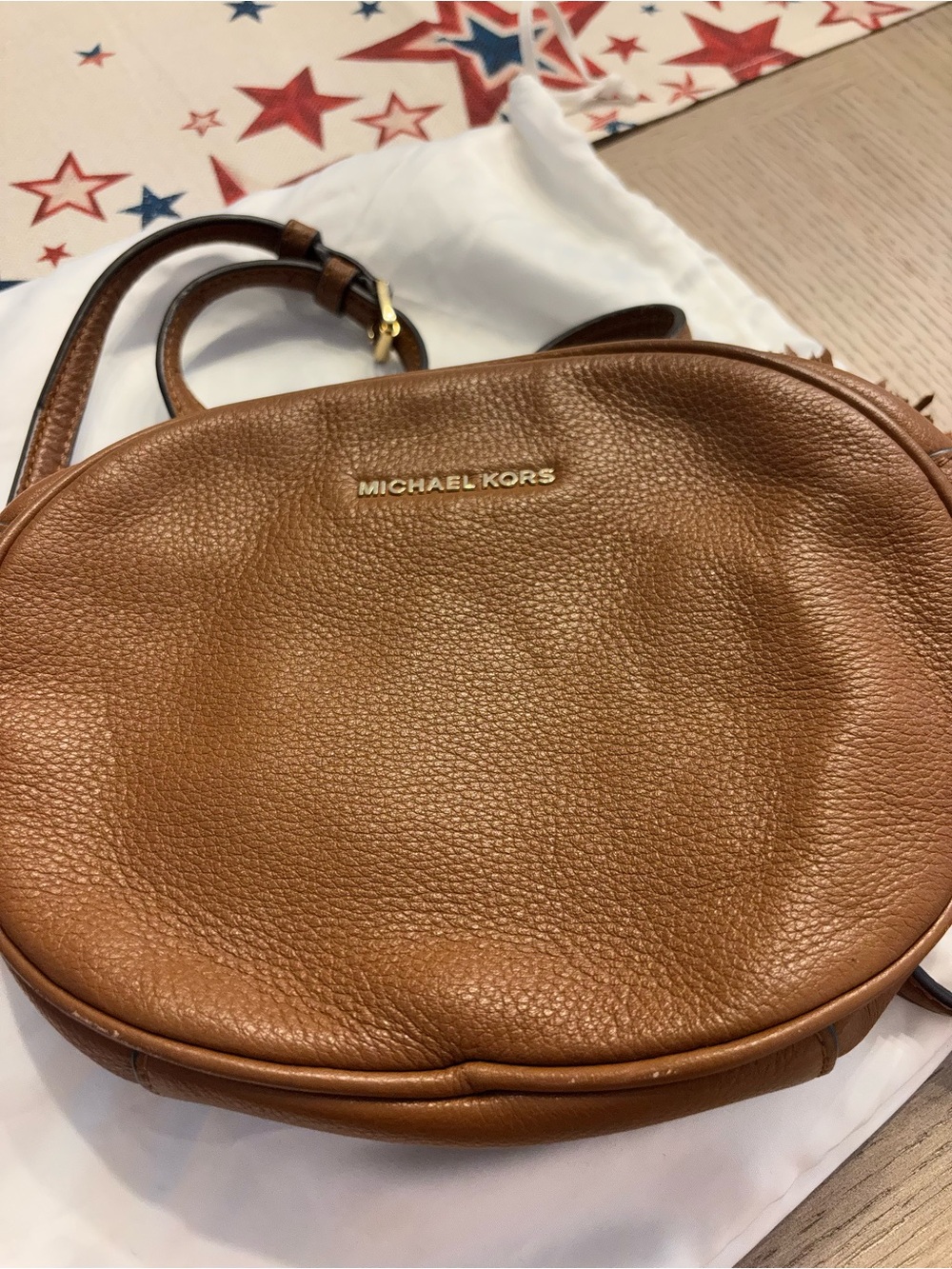 Michael Kors Tan Pebbled Leather Round Crossbody Bag with Gold Logo